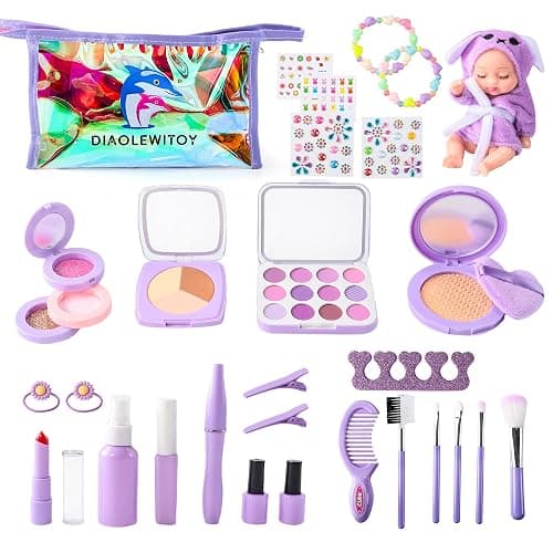 DIAOLEWITOY Pretend Makeup Kit for Girls - 30-Piece Play Cosmetic Set, Birthday Gift for Kids Ages 3-6 Years Old (Purple) - Image 1