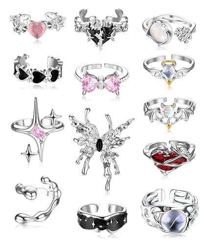 Drperfect 13 PCS Y2k Rings For Women Vintage Irregular Rings for Women Men Chunky Adjustable Rings Gothic Goth Open Moonstone Butterfly Star Pink Heart Cool Statement Ring Aesthetic Accessories Ring Set - Image 1