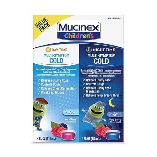 Mucinex Cold & Cough, Children's Multi-Symptom Day/Night Liquid, Very Berry, 8oz (2x4oz) Relieves Nasal & Chest Congestion, Thins & Loosens Mucus, Controls Cough, Reduces Fever, Soothes Sore Throat | For Ages 4+, Guaifenesin, Dextromethorphan HBr, Diphenhydramine HCl, Phenylephrine HCl & Acetaminophen, Alcohol-Free - Image 1