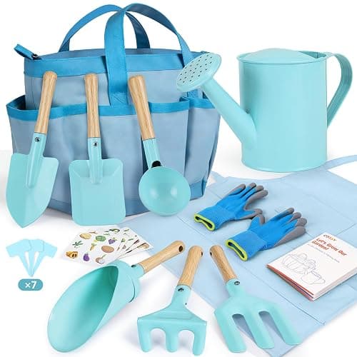 Cossy Kids Gardening Set, 13PCS Garden Tool Kit for Kids and Toddlers Boys Girls, Includes Tote Bag, Watering Can, Shovels, Rake, Kids Gardening Gloves, Apron and More, Blue - Image 1