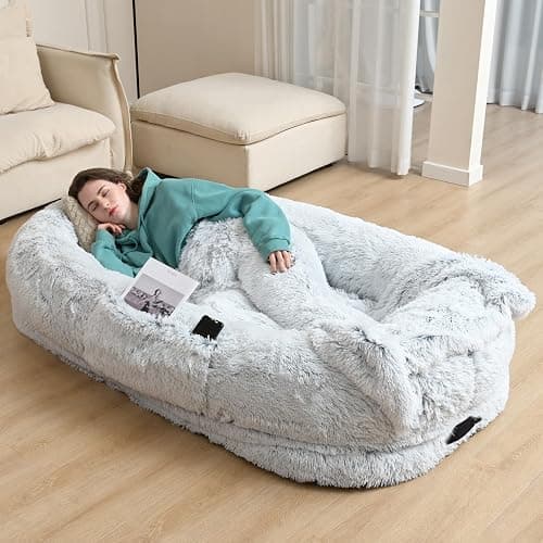 YAEM Human Dog Bed Fits You and Pets for People Doze Off, Washable Faux Fur Napping Orthopedic Dog Bed, Present Plump Pillow, Blanket, Strap-Grey, 71"x45"x12" - Image 1