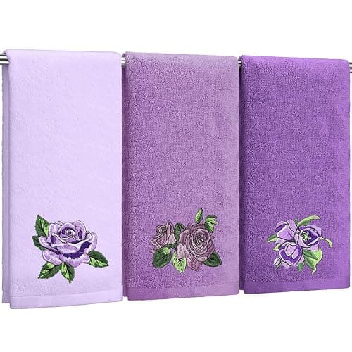 FuWeave 3 Pcs Purple Rose Hand Towels Lavender Purple Bathroom Decor | Embroidered Purple Rose Design, 100% Cotton, Farmhouse Bathroom Kitchen Decor, Absorbent Towels, Holiday Housewarming Gifts - Image 1