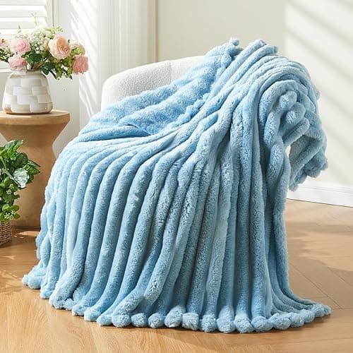 NEWCOSPLAY Super Soft Throw Blanket Blue Premium Silky Flannel Fleece 3D Ribbed Jacquard Lightweight Bed Blanket All Season Use (Blue Ribbed, Throw(50"x60")) - Image 1