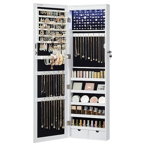 SONGMICS 6 LEDs Mirror Jewelry Cabinet, 47.2-Inch Tall Lockable Wall or Door Mounted Jewelry Armoire Organizer with Mirror, 2 Drawers, 3.9 x 14.6 x 47.2 Inches, White UJJC93W - Image 1