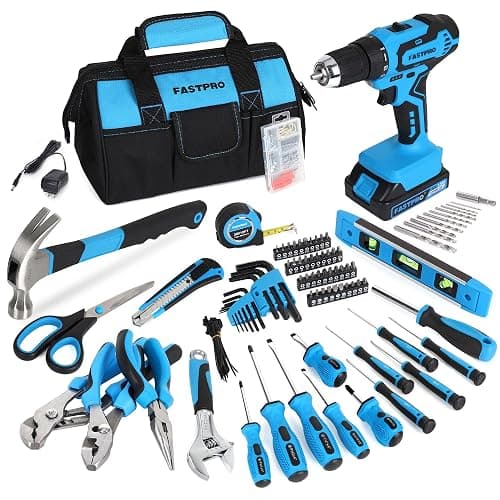 FASTPRO 232-Piece 20V Cordless Drill Driver & Home Tool Set, Home Repairing Tools Kit with Drill, 12-Inch Wide Mouth Open Storage Bag, Blue - Image 1
