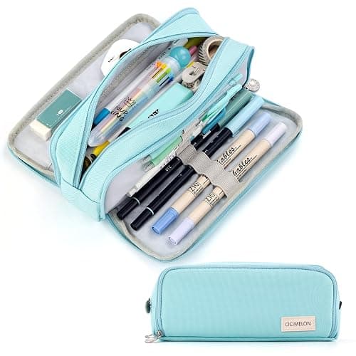 CICIMELON Pencil Case Large Capacity Pencil Pouch 3 Compartments Pencil Bag Gift for Students Girls Adults Women (Light Blue) - Image 1