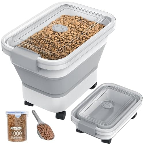 DDMOMMY 20-23 Lbs Dog Food Storage Container, Collapsible Dog Food Container with Transparent Airtight Lid,Multifunctional Pet Food Storage Container for Dog Cat,Rice,Flour,Pet Food Scoop and Dog Bowl - M - Image 1