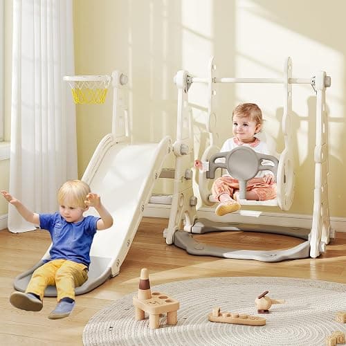 4 in 1 Toddler Slide and Swing Set, Baby Kids Slide for Age 1-3, Outdoor Indoor Playset with Basketball Hoop, Adjustable-Height Swing - Image 1