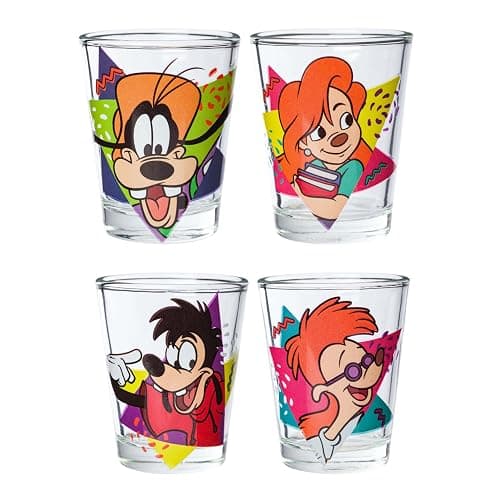 Silver Buffalo Disney A Goofy Movie Featuring Goofy, Max Goof, Roxanne and Bobby Zimuruski 4 Pack Mini Glass Set, 1.5 ounces - Image 1