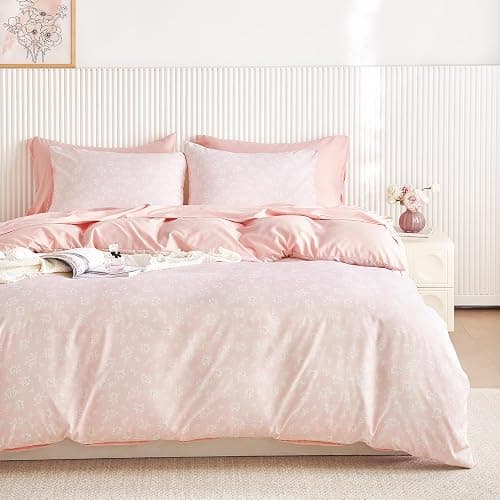 Wake In Cloud - Coquette Duvet Cover Set, Floral Cottagecore Flower Shabby Chic Cute Aesthetic, Soft Lightweight Bedding for Women Teen Girls, 3-Piece, Light Pink, Queen Size - Image 1