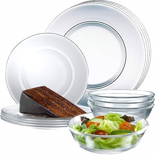 12pc Glass Dinnerware Set - Sleek Round Clear Glass Plate and Bowl Sets - Dishwasher Safe, Bread & Butter Dinner, Dessert, Salad Plates & Serving Cereal Soup Bowls Dishes for Kitchen Dining & Parties - Image 1