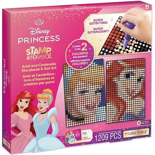 Make It Real Disney Stamp to Reveal Ariel & Cinderella Craft Kit for Kids - Create 2 Princess Dot Art Posters with 1,200 Dots & Stamper - Arts and Crafts Set for Children Aged 6+ - Image 1