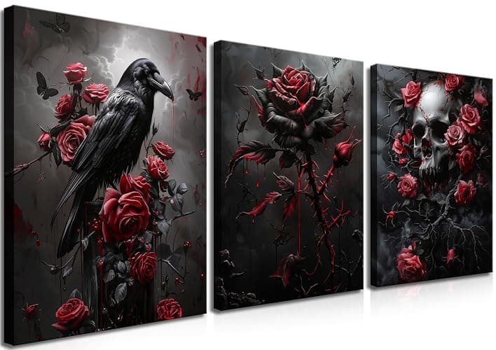 Gothic Canvas Wall Art Set of 3, Romantic Rose Halloween Wall Decor Paintings, Dark Goth Crow Skull Posters Prints for Bathroom Living Room Gallery Home Decor 12x16In Framed - Image 1
