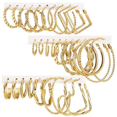 16-24 Pairs Gold Silver Black Earring Set for Women, Chunky Earring Multipack Punk Trendy Big Small Stud Hoop Earring Lightweight Twisted Pearl Ear Pack For Daily Birthday Party Gift - Image 1