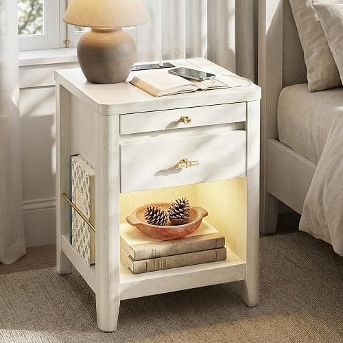 nesture. Nightstand with Charging Station and LED Light, Wood Curved Night Stand with 2 Drawer and Open Shelf,Mid Century Modern Bedside Table with Side Storage for Bedroom,End Table Living Room Wihte - Image 1