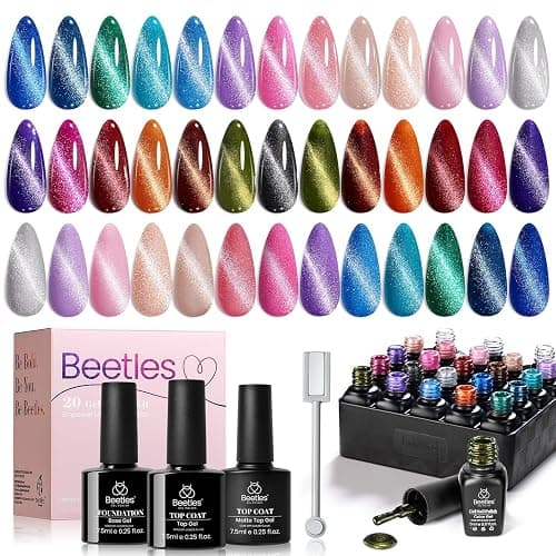 Beetles Cat Eye Gel Nail Polish Set - 20 Colors Christmas Glitter Red Green Blue Brown Black Nude Pink Magnetic Base Matte Glossy Top Coat Galaxy Gemlight Soak Off UV Manicure Salon Gift for Women - Image 1