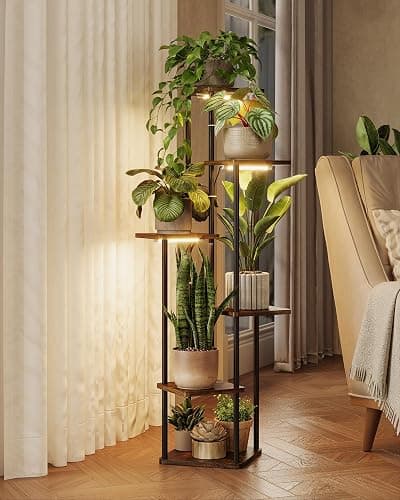 GENTINGBRO Corner Plant Stand Indoor 6 tiered plant shelf for Multiple Plants tall plant holder plant table metal shelving for Living Room Bedroom Balcony Patio Brown Oak with Light - Image 1