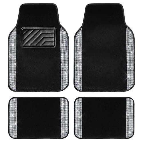 CAR PASS Bling Diamond Car Floor Mats, Shining Rhinestone Carpet Sparkly Glitter Crystal with Anti-Slip PVC Heel Pad Waterproof Universal Fit Automotive SUV,Sedan,Van,Cute Girl Women,4pcs Black Sliver - Image 1