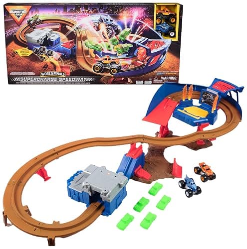 Monster Jam Supercharge Speedway Monster Truck Playset, 1:64 Scale | Figure-8 Loop Track with Lights, El Toro Loco & Megalodon Toy Trucks, Epic Racing Action, Pretend Play Gifts for Kids Ages 3+ - Image 1