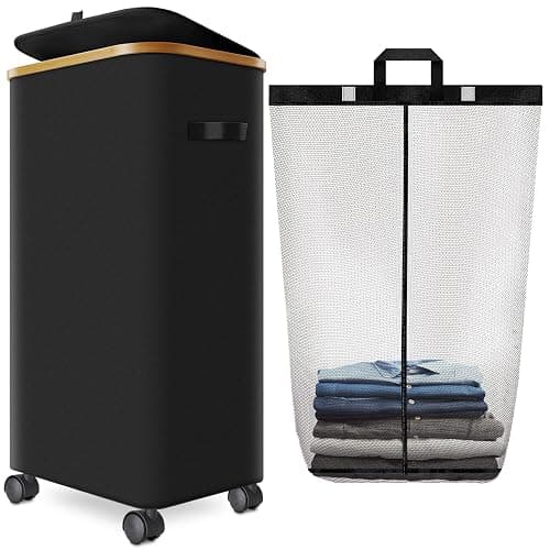 Laundry Hamper with Wheels,29 Gal (110L) Laundry Basket with lid Rolling Clothes Hamper Foldable Dirty Clothes Basket on wheels with Bamboo Frame and Bag for Bedroom, Dorm, Laundry Room-Black - Image 1