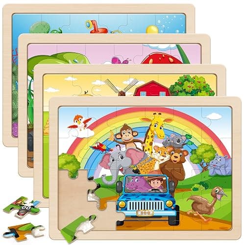 SYNARRY Large Animal Wooden Puzzles for Kids Ages 4-6, 4-in-1 Gift Set | Animal Puzzles for Toddlers & Kids Ages 3-5, Birthday Gifts for Boys & Girls, Educational Animal Toys, Screen-Free Play - Image 1
