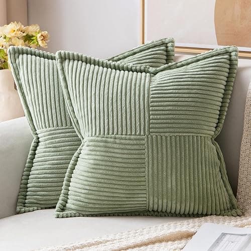 MIULEE Spring Decorative Throw Pillow Covers for Couch Bed Livingroom 18x18 Inch Set of 2 Sage Green Boho Accent Throw Pllows Broadside Striped Patchwork Soft Corduroy Pillowcases - Image 1