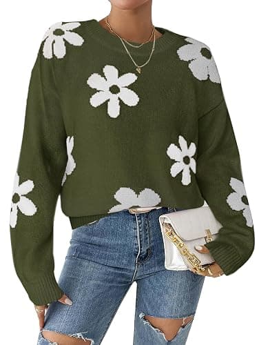 Libsorge Womens Oversized Cute Flower Sweater Fall 2025 Trendy Vintage Y2k Floral Knit Crewneck Long Sleeve Pullover Tops - Image 1