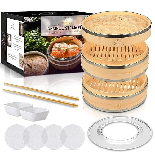 SP DYNAMICS Bamboo Steamer Basket Set Chinese Cuisine 10-inch 2 Tiers Vegetable Steaming Basket for Cooking with Chopsticks, Sauce Dishes, and Reusable Liners - Dumpling Steamer Baskets - Image 1