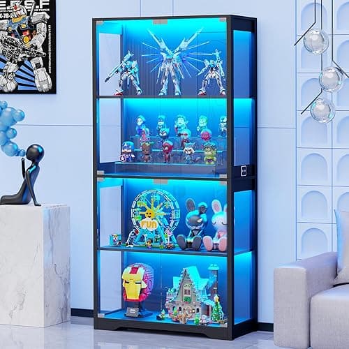 BROTTAR Display Cabinet with Glass Doors, 4-Tier Curio Cabinet with 3 Color Lights for Collectibles, Glass Display Case with Human Body Sensor, Storage Cabinet, Black - Black - Image 1