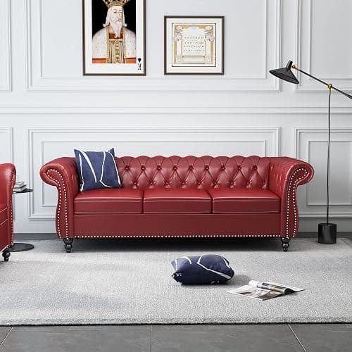 Chesterfield Sofa Leather, Modern PU Tufted Couch 3 Seater with Rolled Arms and Nailhead for Living Room, Bedroom, Office, Apartment (Burgundy) - Sofa - Burgundy Pu - Image 1