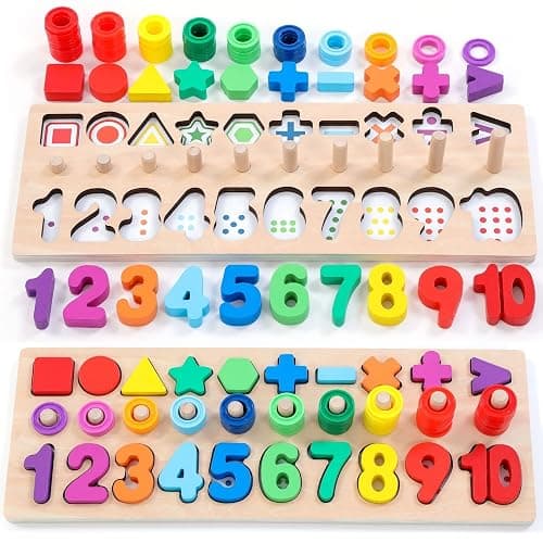 GeroCrew Wooden Montessori Toys for Kids Toddler Number Puzzles Sorter Counting Shape Stacker Stacking Game Preschool Toys for Boy Girl Learning Education Math Blocks Year Old Girl Gifts (Rainbow) - Image 1