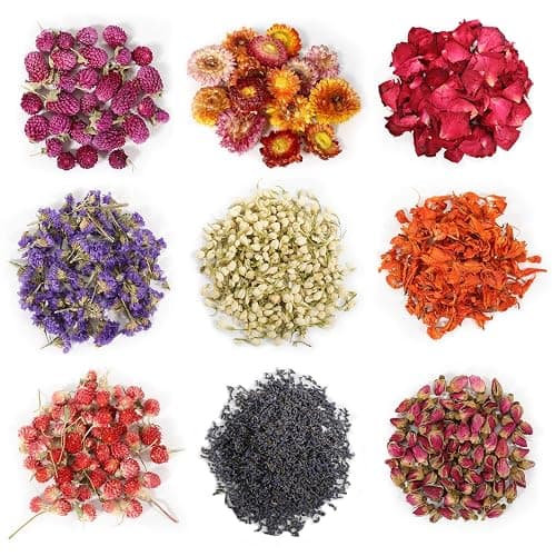 9 Bags Dried Flowers,100% Natural Dried Flowers Herbs Kit for Soap Making, DIY Candle Making,Bath - Include Rose Petals,Lavender,Don't Forget Me,Lilium,Jasmine,Rosebudsand More - Image 1