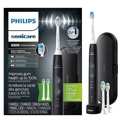 Philips Sonicare ProtectiveClean 5300 Rechargeable Electric Toothbrush, with Pressure Sensor, 3 Cleaning Modes, SmarTimer and QuadPacer, with 2 Bonus Brush Heads, Travel Case, Black, Model HX6423/34 - Image 1