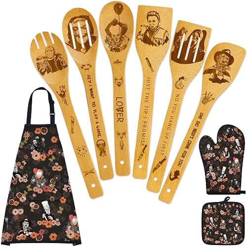 Horror Merch,9Pcs Bamboo Cooking Utensils Set,Spoons with Apron Oven Mitts Pot Holder,Halloween Horror Gifts for Men Women,Horror Decor,Horror Collectibles,Spooky Kitchen Accessories - Image 1
