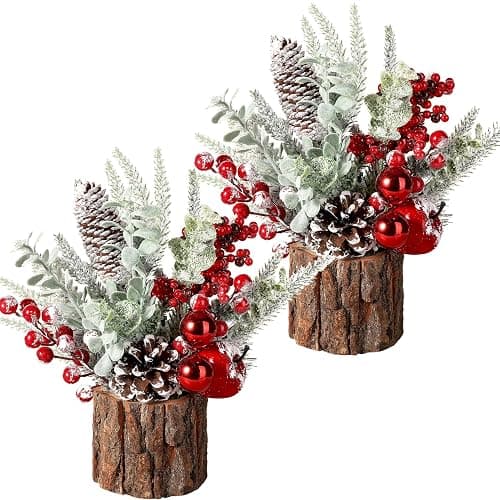 Hatisan Small Christmas Tree with Christmas Ornaments Pine Cone Berry, Tabletop Artificial Christmas Tree for Christmas Decorations Home Room Party Winter Indoor Outdoor(2 Pack Red-Round) - Image 1