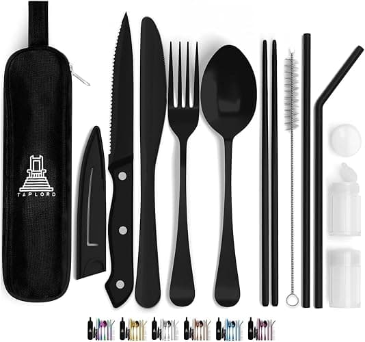 Taplord Portable Travel Silverware Set With Case, Includes 10 Pcs of Travel Utensils With Case, Stainless Steel Flatware Set For Camping, Lightweight (Black) - Image 1