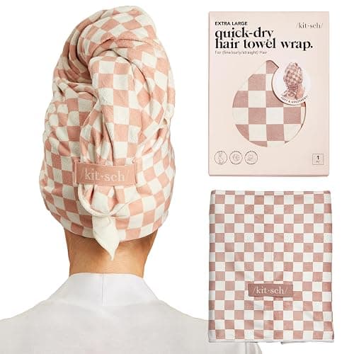 Kitsch XL Microfiber Hair Towel Wrap for Women – Ultra Absorbent Microfiber Towel for Wet, Curly, Long or Short Hair – Quick Dry, Anti-Frizz Hair Wrap – Terracotta Checkered, 40x24 inches - Image 1