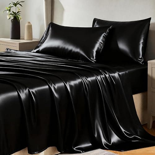 CozyLux Satin Sheets Full Size Sheets - 4 Piece Silky Full Size Bed Sheets, Luxury Black Full Bed Set with Smooth and Soft Microfiber, Includes 1 Fitted Sheet, 1 Flat Sheet and 2 Pillowcases - Image 1