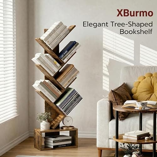 6 Tier Tree Book Shelf - Small Bookshelf Decor, Corner Bookshelf, Living Room Storage, Tall Narrow DVD & CD Shelf Storage Bookshelves, Comic Bookcases Standing for Bedroom or Office, Rustic Brown - Image 1