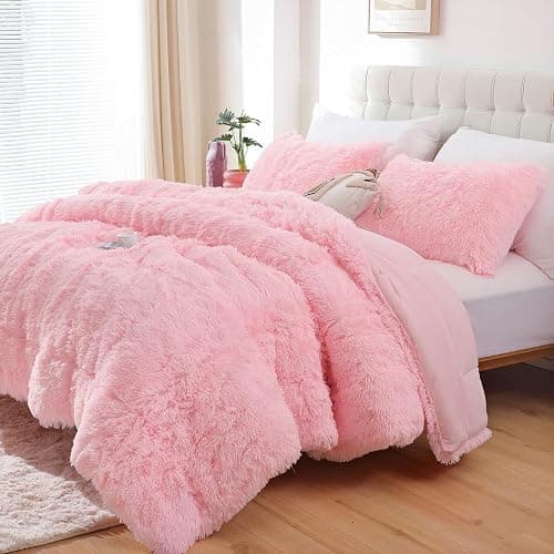 Smoofy Fluffy Queen Comforter Set, Faux Fur Pink Comforter Set Queen Size, Luxury Fuzzy Bedding Set, Soft Shaggy Bed Set Pink for All Season, 3 Pieces - 1 Comforter & 2 Pillowcases - Image 1