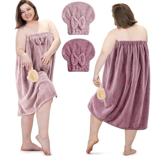Xtinmee 2 Sets Plus Size Womens Wrap Towel with Hair Towel Bath Wrap Shower Dress Spa Bathrobe for Women's Bathrobe (Purple, Lotus Pink) - Image 1