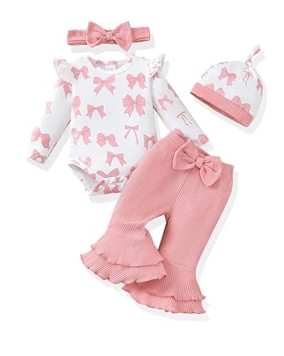 Renotemy Preemie Newborn Baby Girl Clothes Infant Romper Fall Winter Outfits Gifts for Girls Cute Bell Bottoms Pant Sets - Image 1