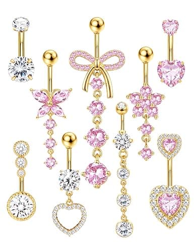 9 Pcs Belly Button Ring for Women Surgical Steel Dangle Pink Belly Piercing | 14G Stainless Steel Dangling Belly Rings Non Tarnish Navel Piercing Jewelry Set Pink Heart Butterfly Flower Body Jewelry - Image 1