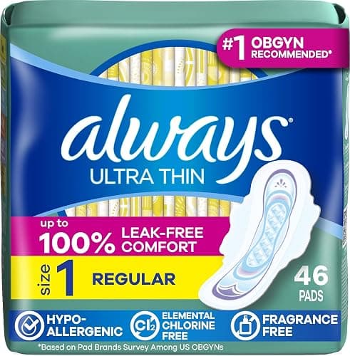 Always Ultra Thin Feminine Pads with Wings for Women, Size 1, Regular Absorbency, Unscented, Up to 100% Leak-Free Protection, 46 Count - Image 1