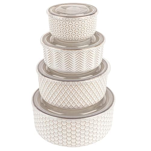KooK Ceramic Nesting Bowls, with Lids, Serving, Set of 4, Embossed, Kitchen, Prep, Mix, Gift, Housewarming, Microwave and Dishwasher Safe, 10/16/29/47 oz, Narbonne Collection (Ivory) - Image 1
