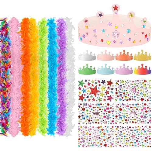 Suncalla 8 Pcs 6.6ft Feather Boas & 8 Paper Crowns with Stickers Dress up Party Kit for Mardi Gras Birthday Wedding Christmas Halloween Costume Decorations - Image 1