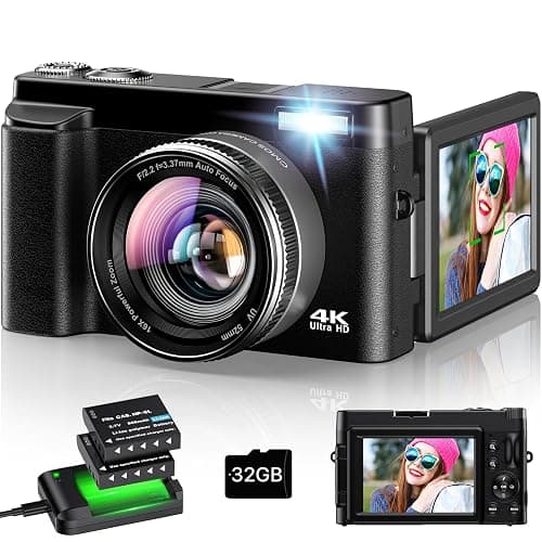 4K Digital Camera for Photography - Autofocus 48MP Vlogging Camera for YouTube with 3'' 180°Flip Screen - 16X Digital Zoom, Anti-Shake Camera for Vlogging with SD Card, 2 Batteries & Charging Stand - Image 1