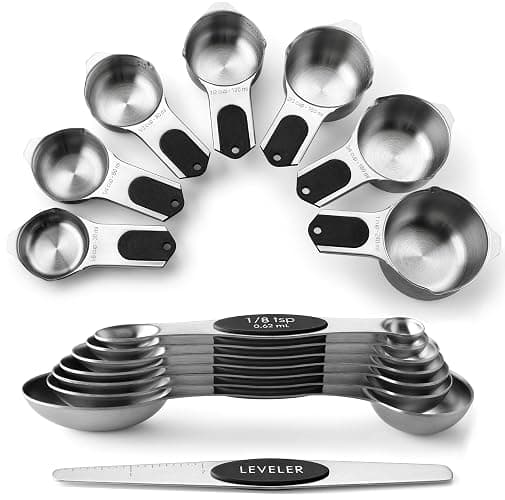 Spring Chef Magnetic Measuring Cups & Spoons Set, Patented, Strong N45 Magnets, Heavy Duty Stainless Steel Fits in Spice Jars for Baking & Cooking, BPA Free, Round Set of 15 with Leveler, Black - Image 1