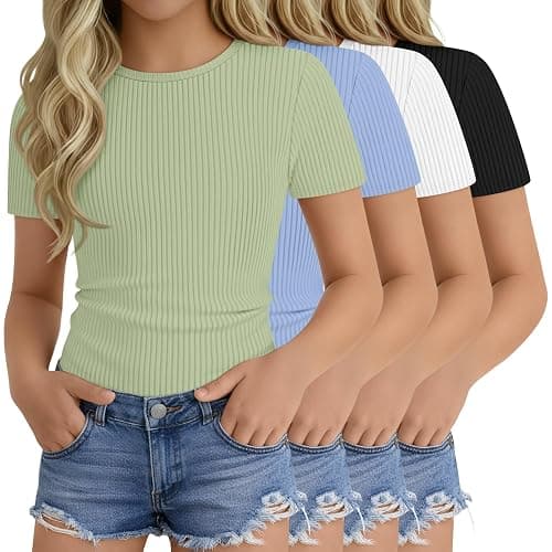 Oakgarden 4 Pack Girls T Shirts 5-14 Years Short Sleeve Ribbed Tops Crew Neck Slim Fit Summer Casual Cute Basic Tees for Kids - Image 1