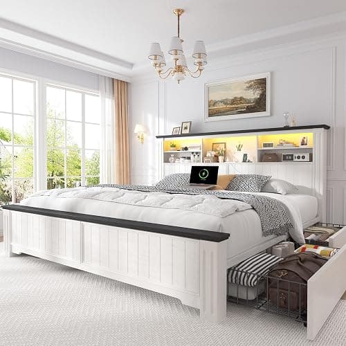 EnHomee King Size Bed Frame and Headboard & Storage, 4 Drawers and LED Built in Charging Station King Bed Frame with Storage Farmhouse,NO Noise,No Box Spring Needed,White - Image 1